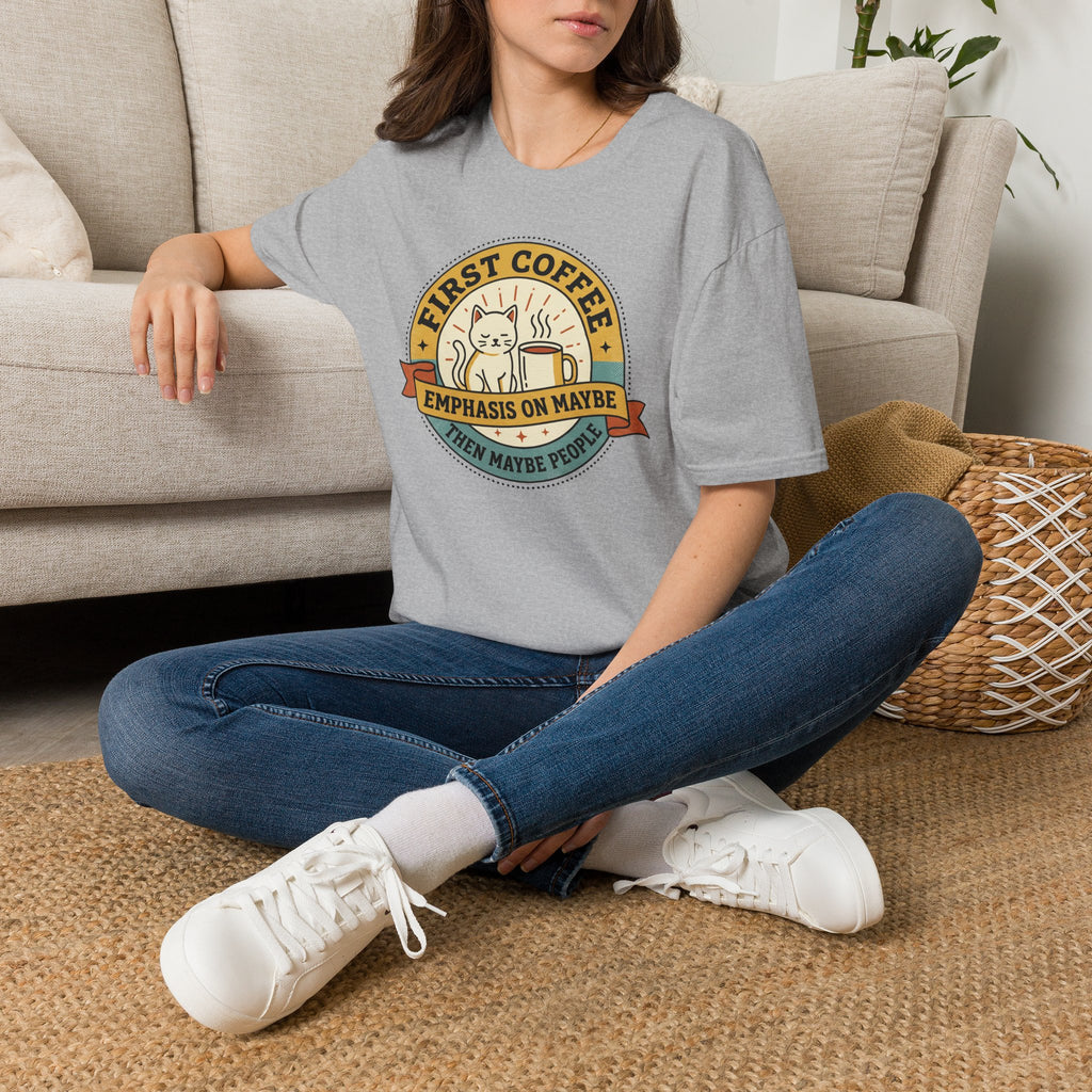 Light gray T-shirt with cat coffee graphic and “First Coffee Emphasis on Maybe” print