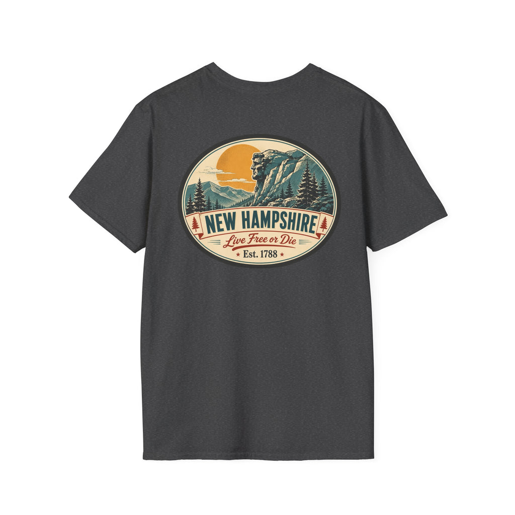 Charcoal graphic T-shirt with circular mountains and New Hampshire logo on chest