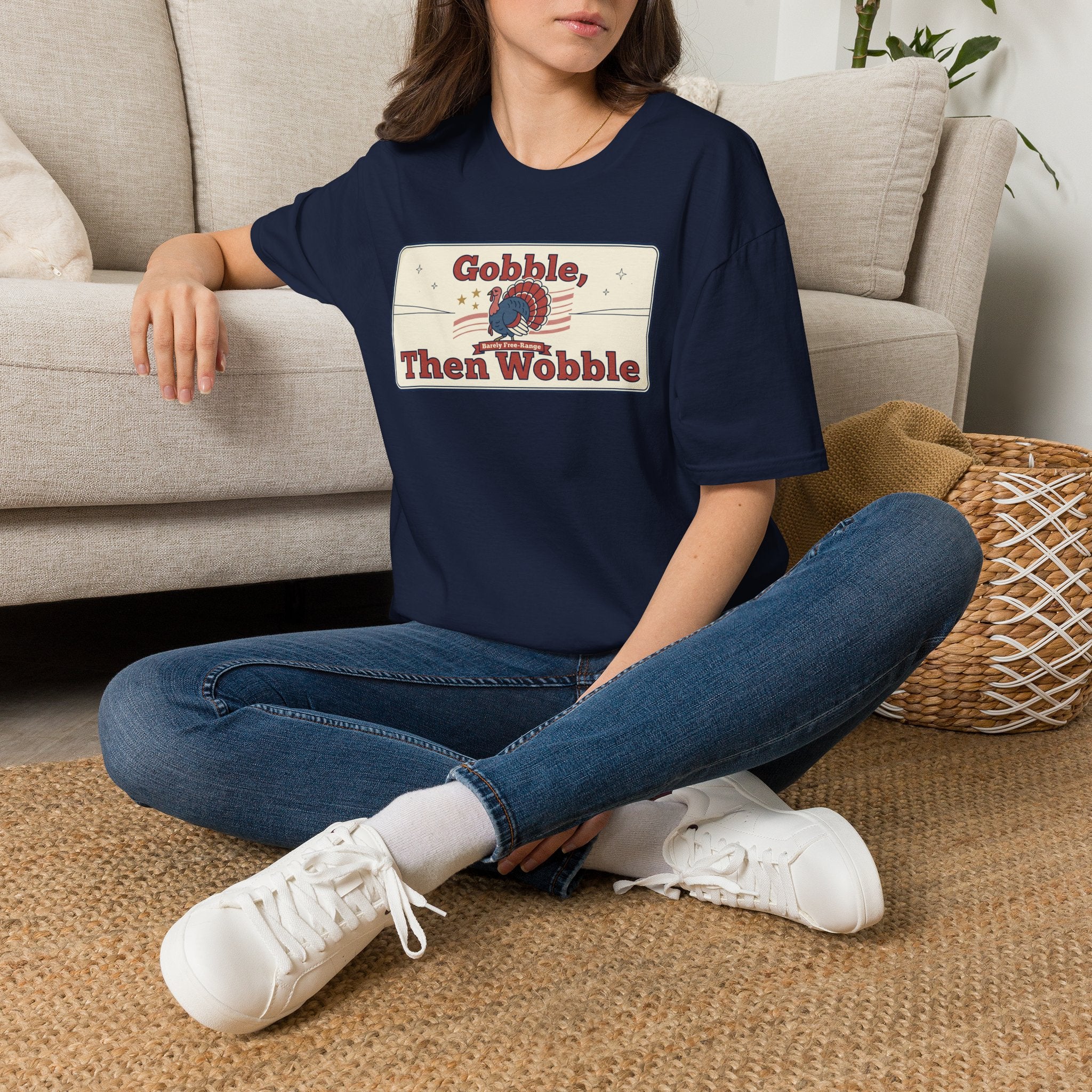 Navy T-shirt with retro turkey graphic reading "Gobble Then Wobble"