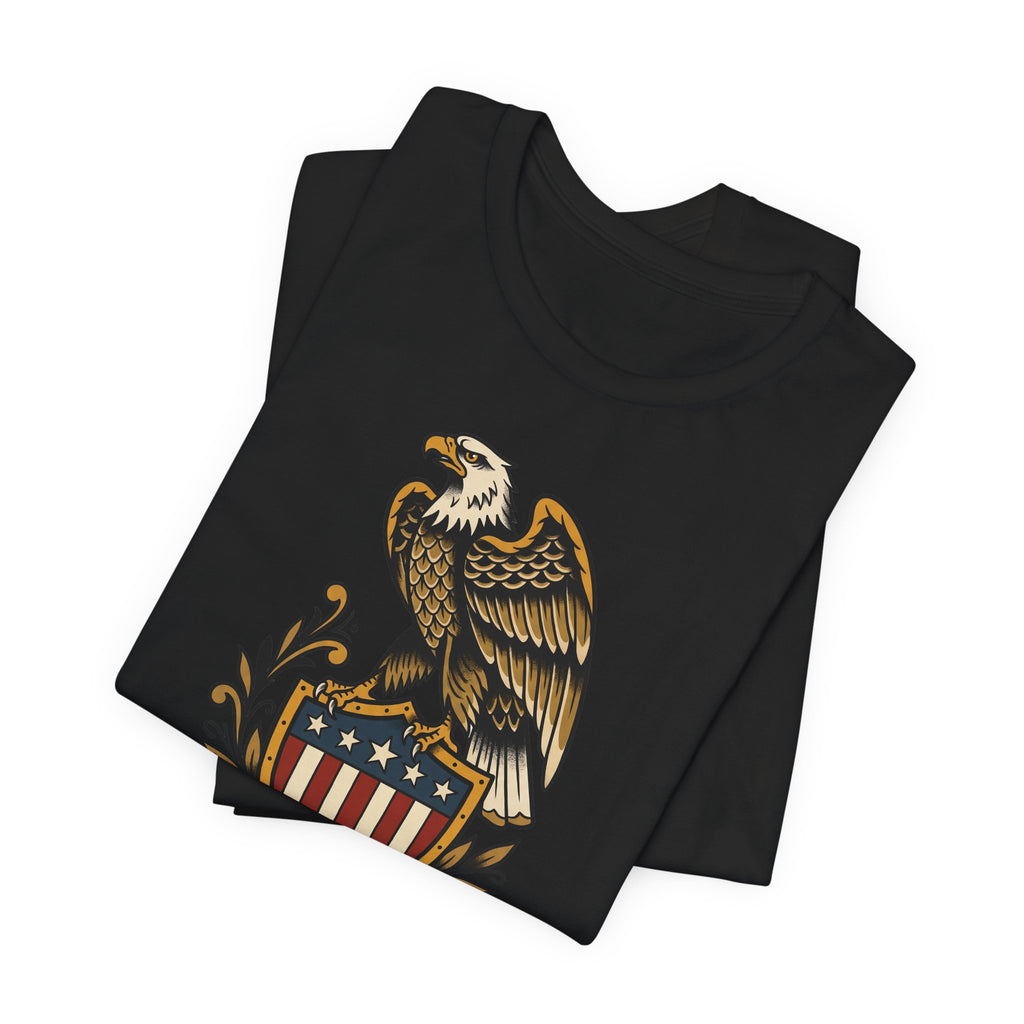 Black crew-neck T-shirt with bald eagle shield graphic on front.