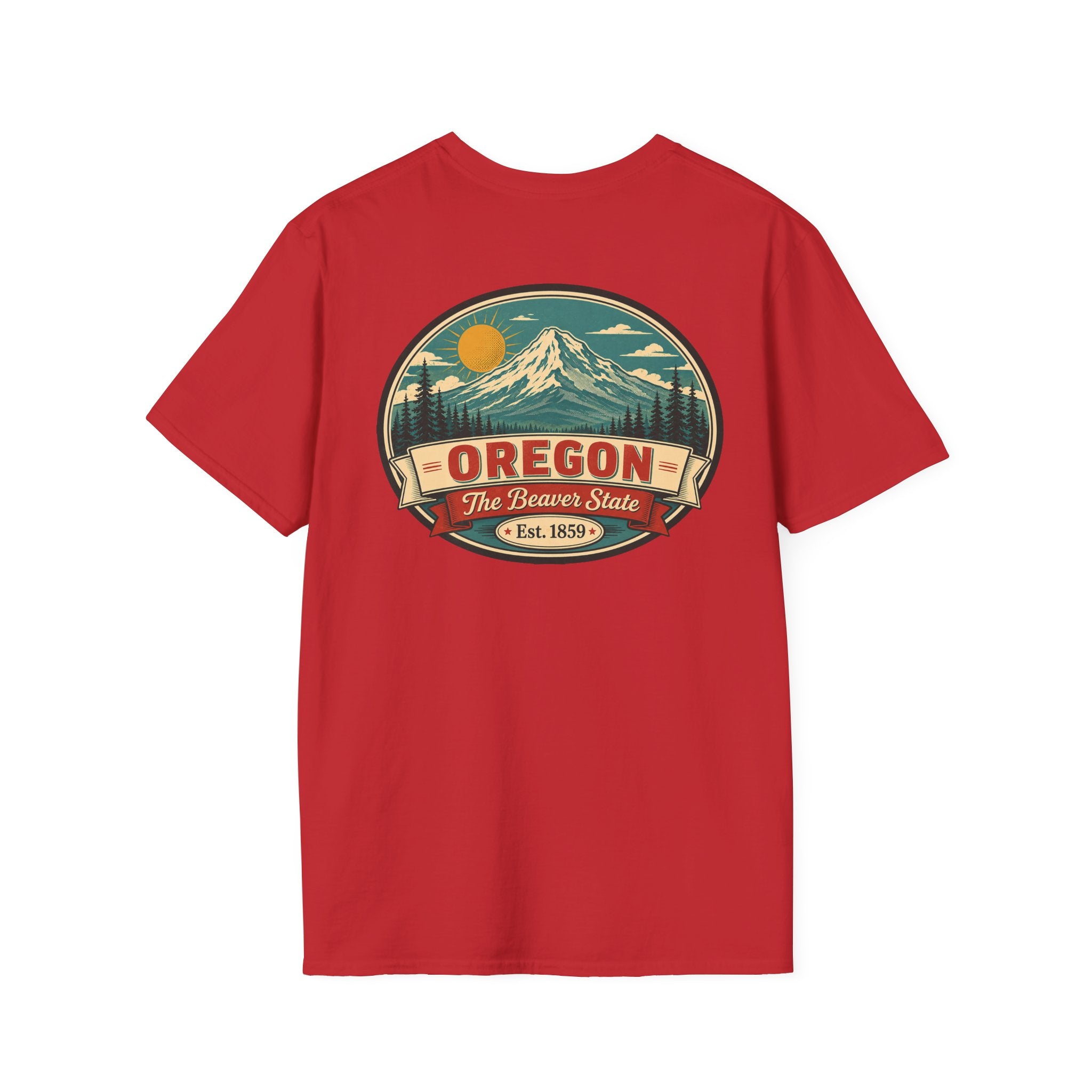 Oregon mountain graphic T-shirt, red crew neck with circular Beaver State logo