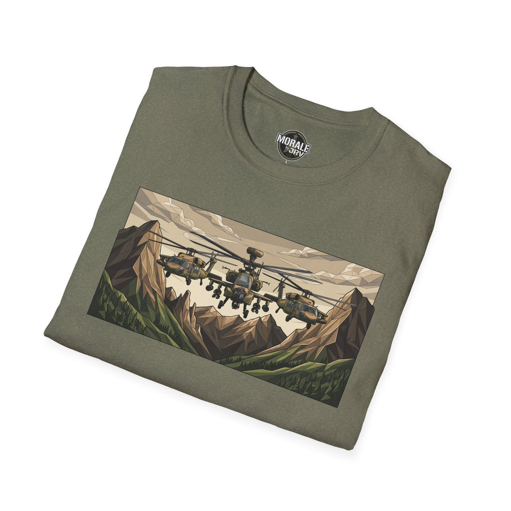 Olive heather T-shirt with helicopter and mountain landscape graphic across chest.