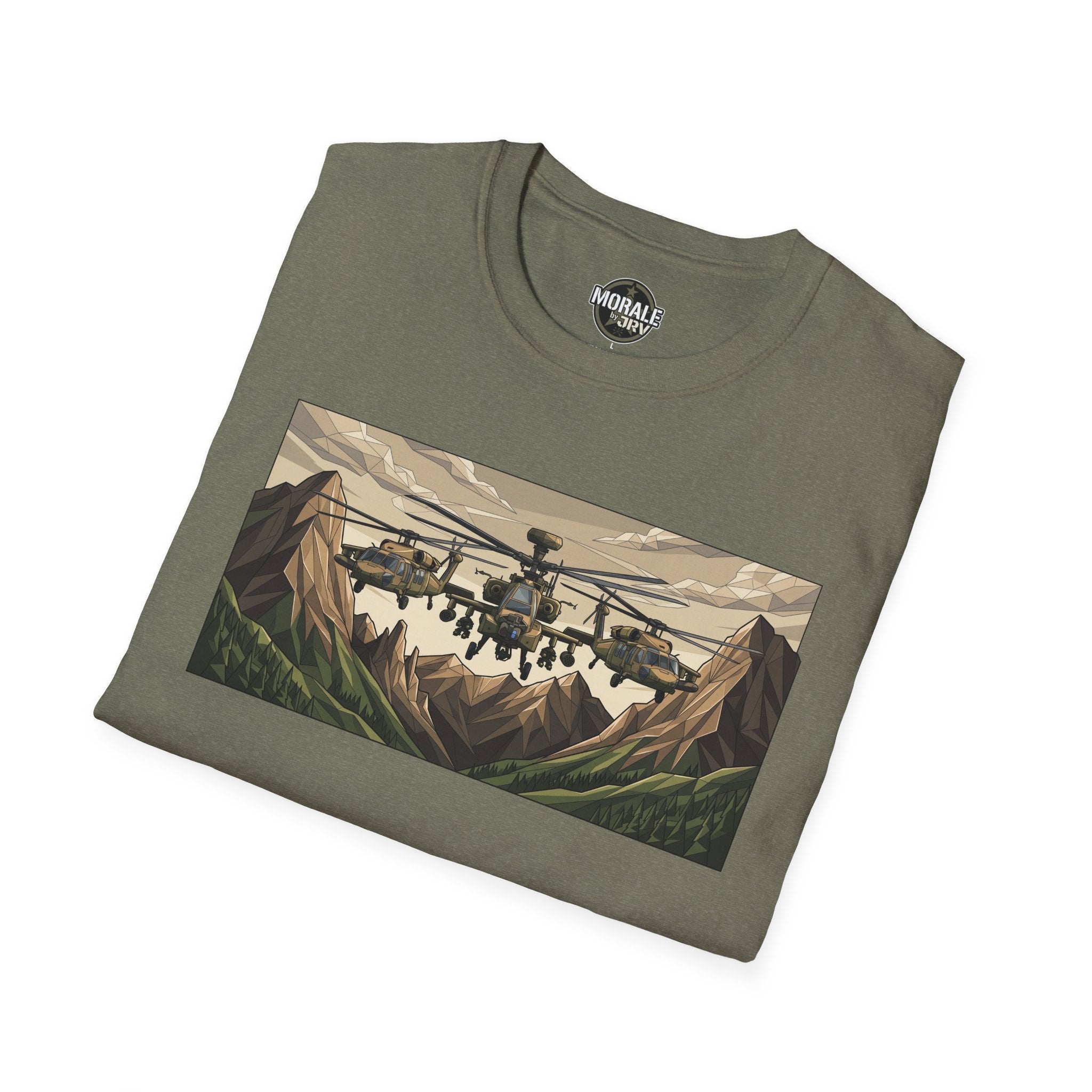 Olive heather T-shirt with helicopter and mountain landscape graphic across chest.
