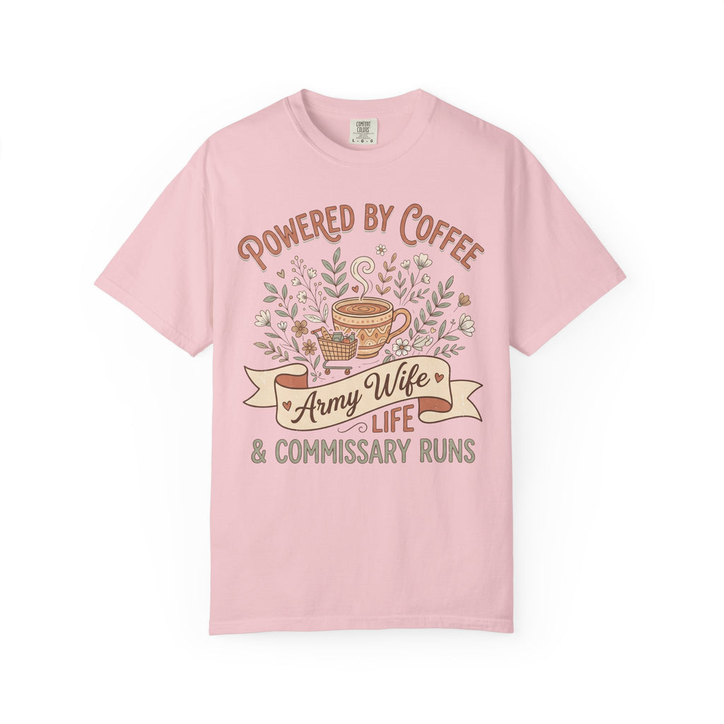 Pink crewneck T-shirt with “Powered by Coffee” and coffee-life graphic on front