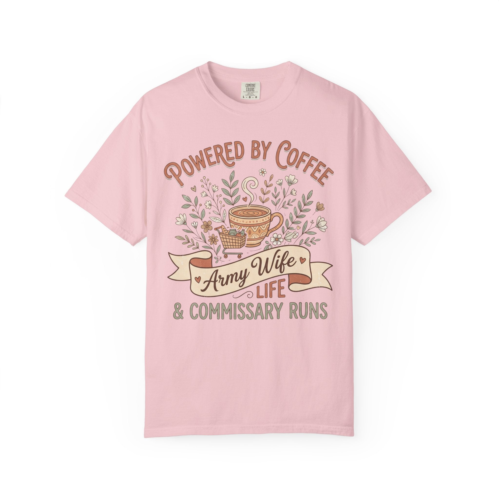 Pink crewneck T-shirt with “Powered by Coffee” and coffee-life graphic on front
