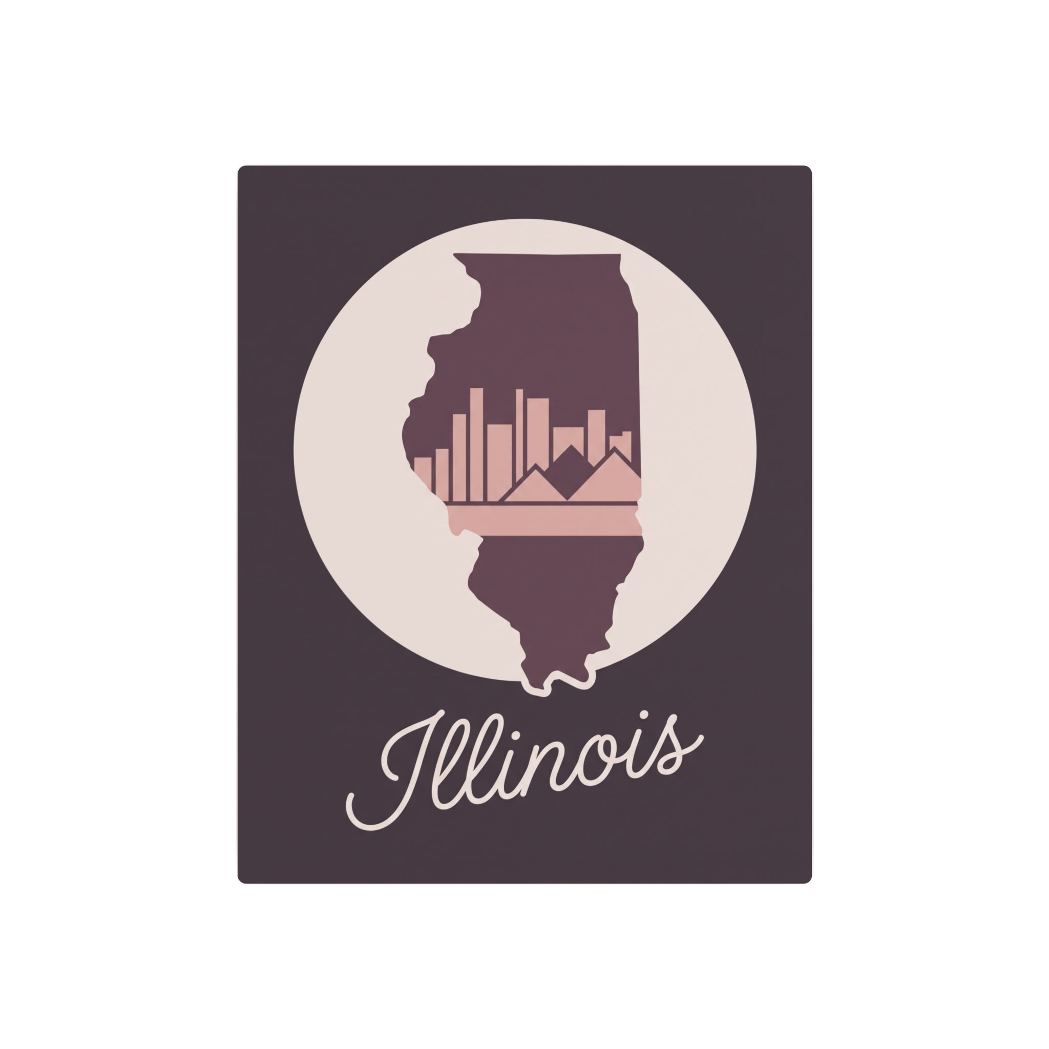 Mauve Illinois metal wall art sign with circular silhouette and skyline inlay