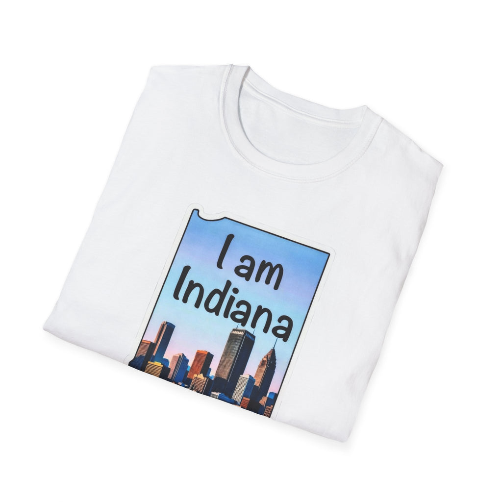I am Indiana T-Shirt weiß: Indiana-Schrift, Skyline und IndyCar im Kartenumriss
