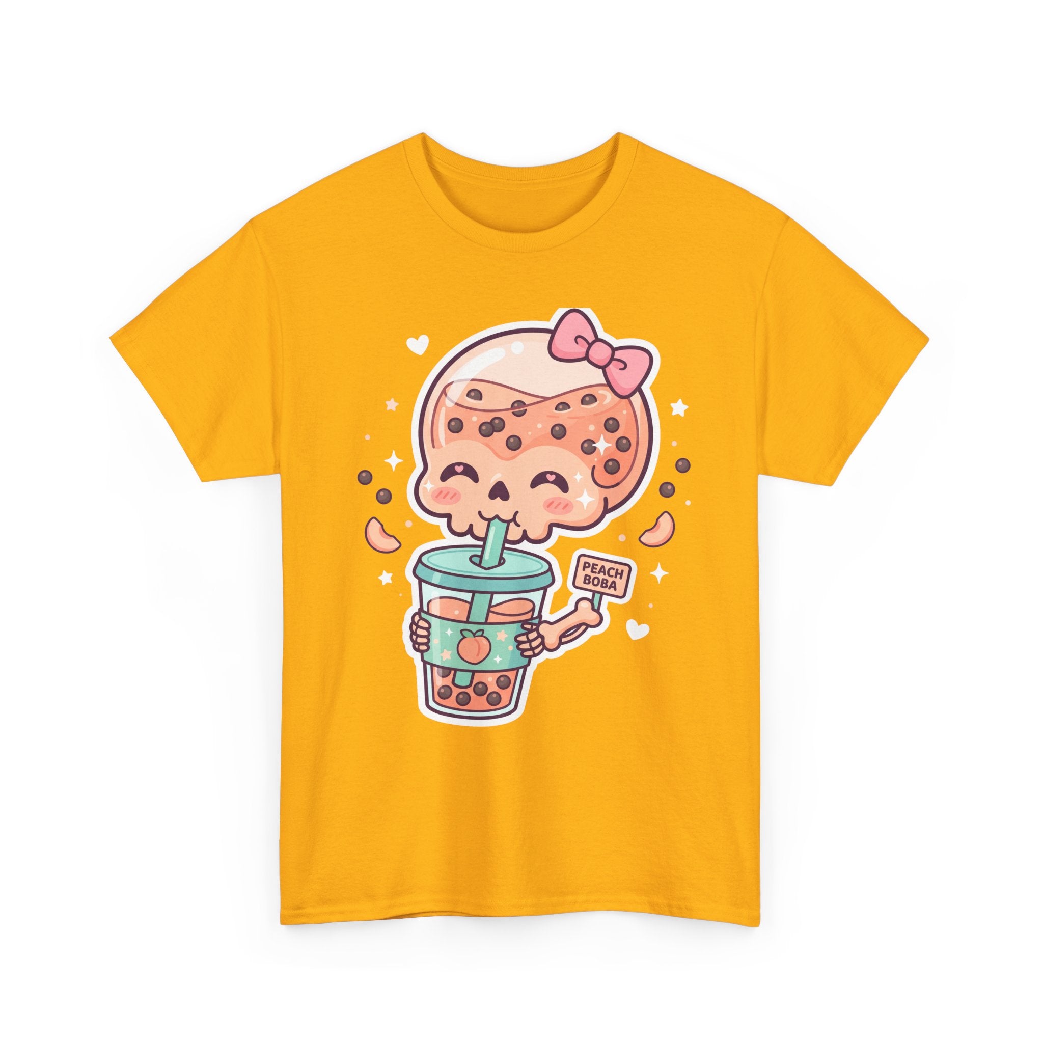 Boba Tea Skull T-Shirt, yellow, kawaii boba skull graphic on front