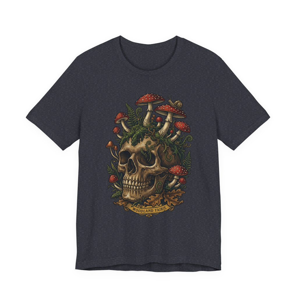 Mushroom skull T-shirt in Dark Grey Heather with botanical skull graphic on chest