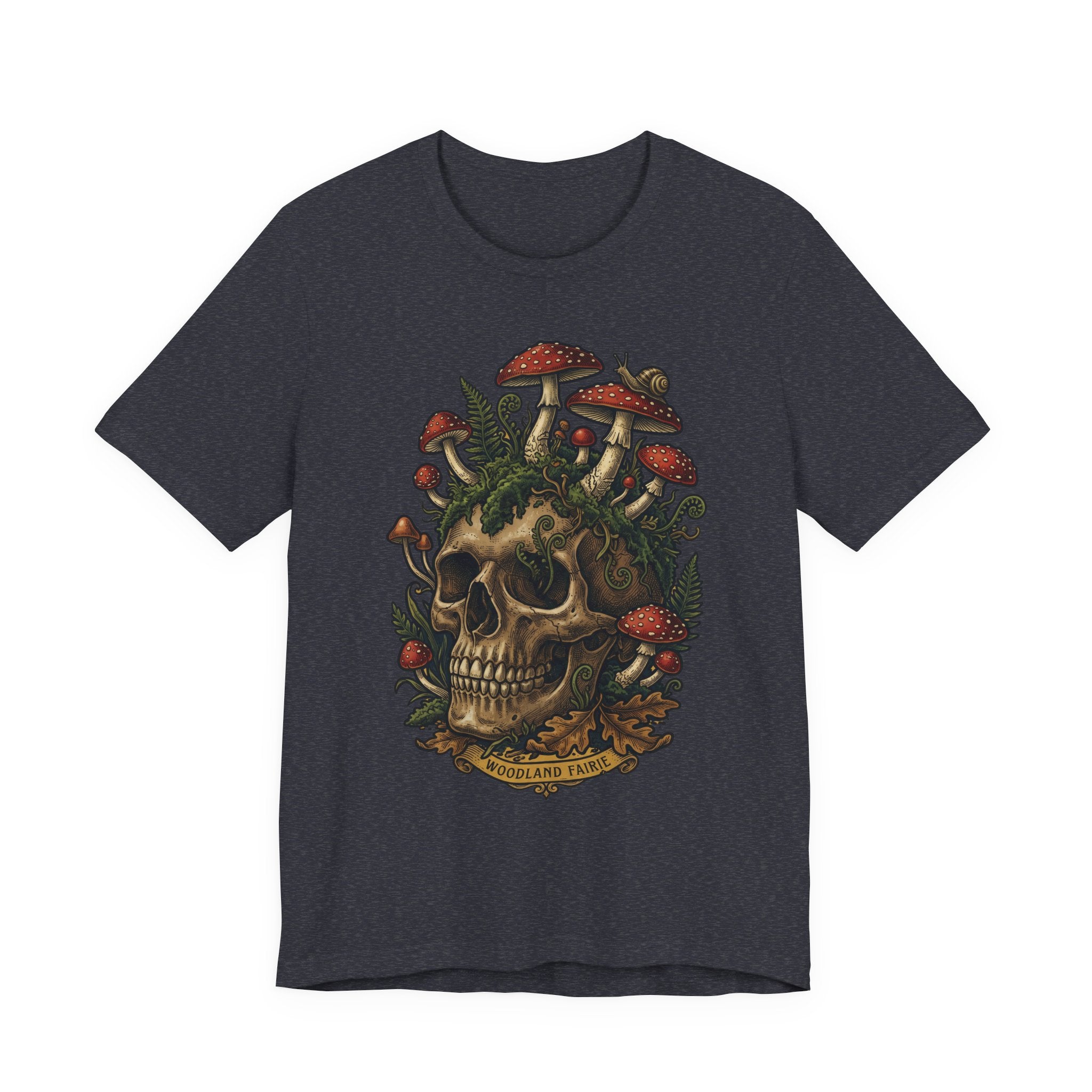 Mushroom skull T-shirt in Dark Grey Heather with botanical skull graphic on chest