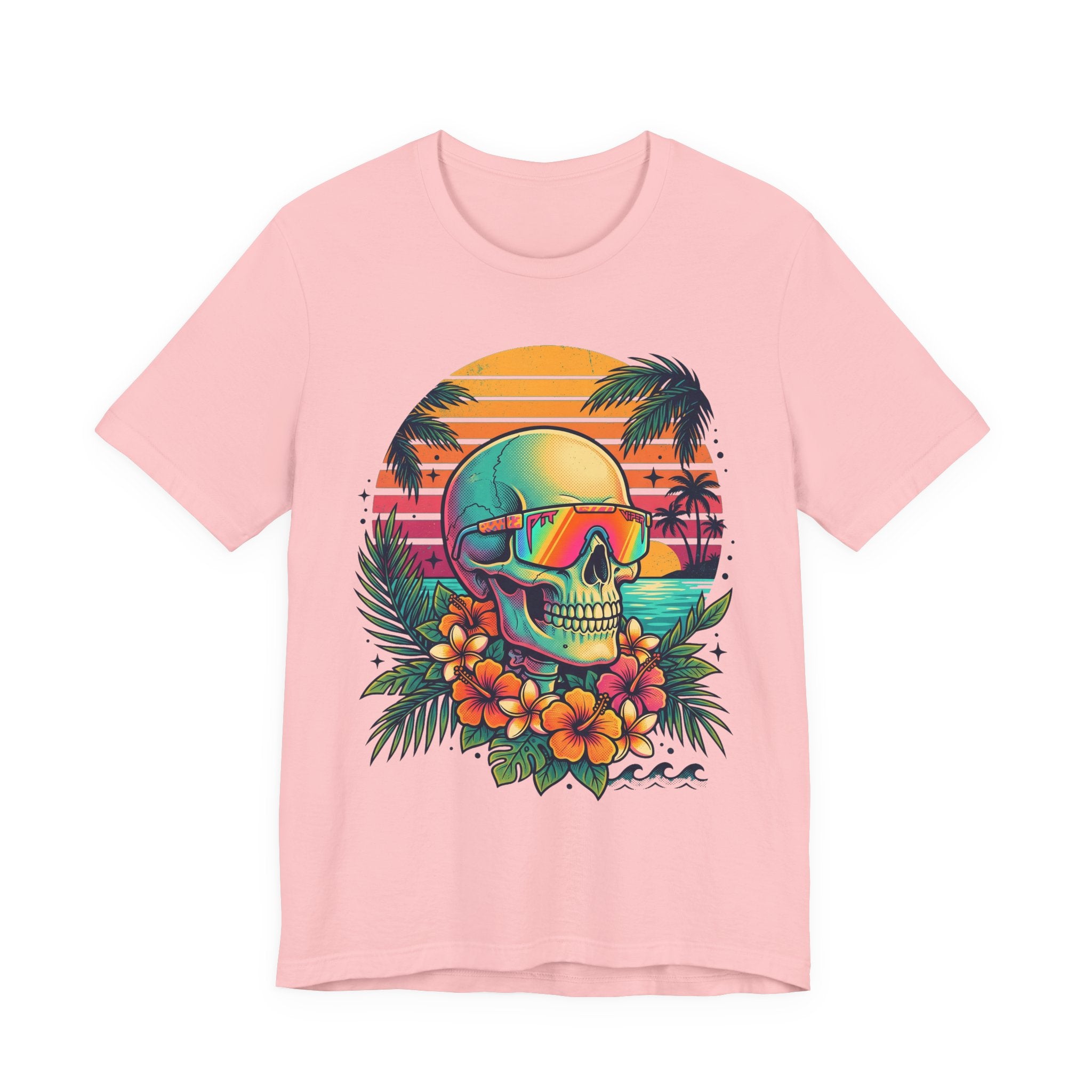 Pink T-shirt with tropical skull wearing sunglasses and floral front graphic