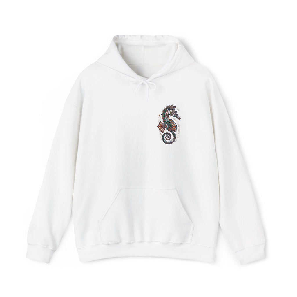 White seahorse floral hoodie with front pocket and drawstring hood