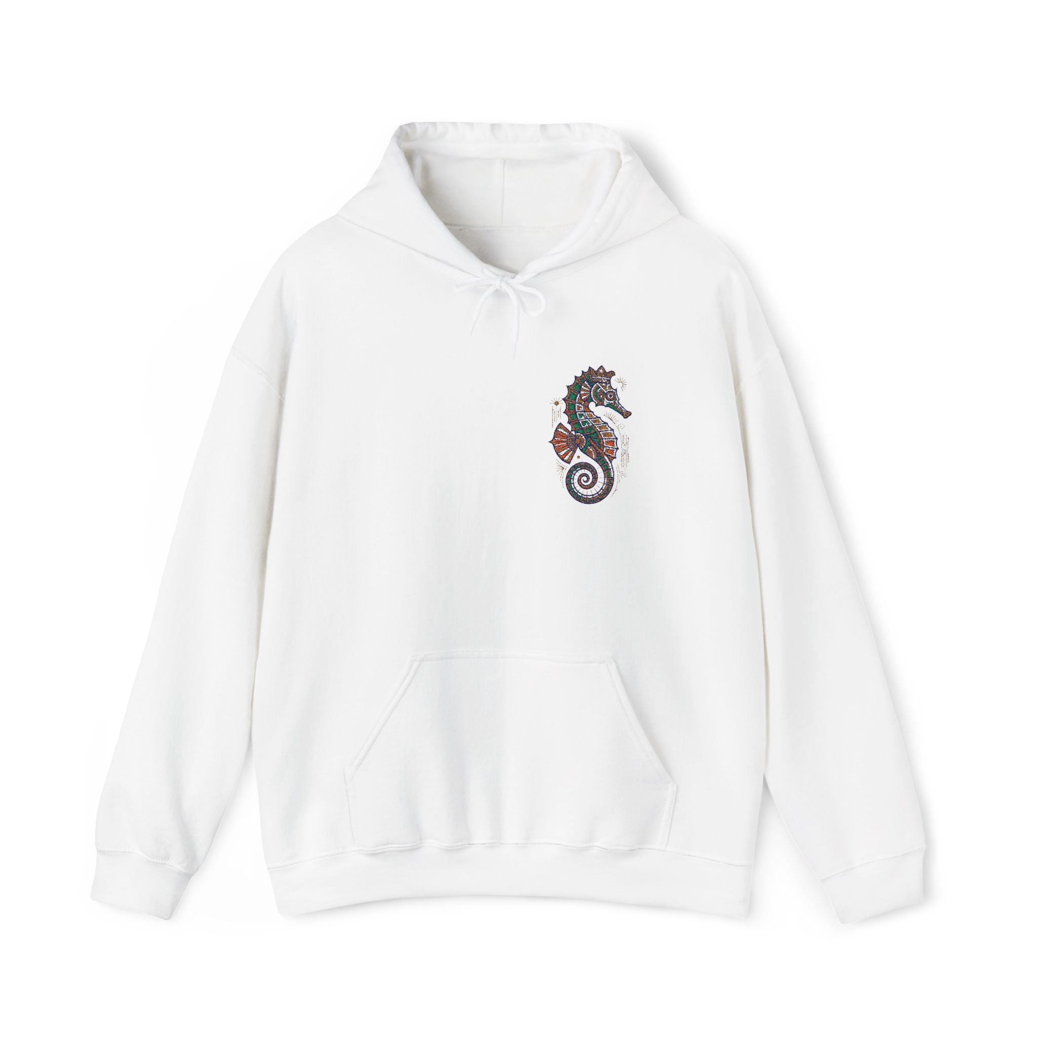 White seahorse floral hoodie with front pocket and drawstring hood