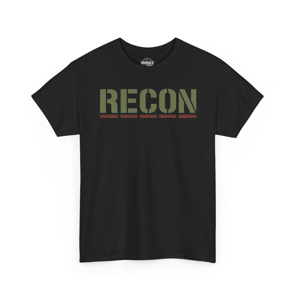 Black T-shirt with RECON stencil-style graphic across the chest