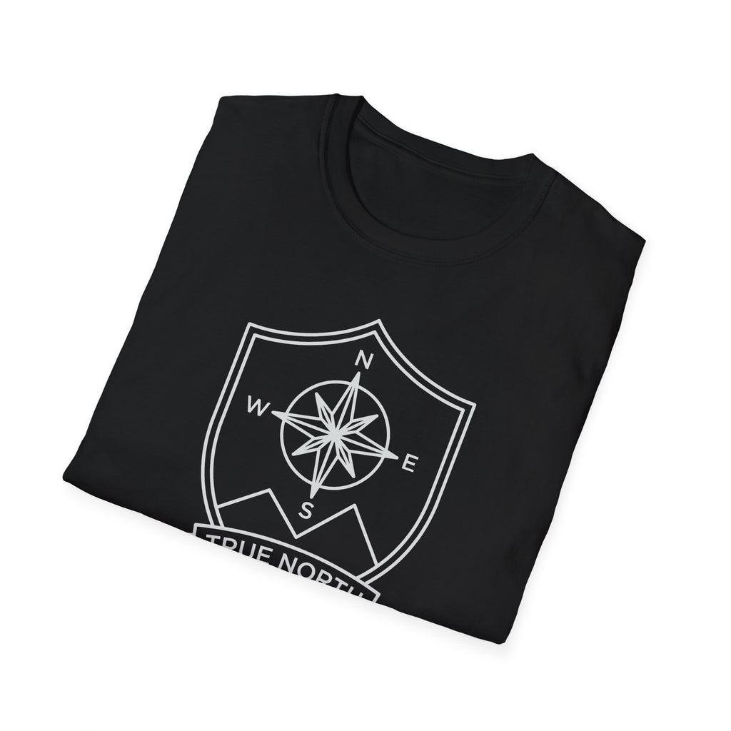 Black T-shirt with compass shield emblem printed on chest