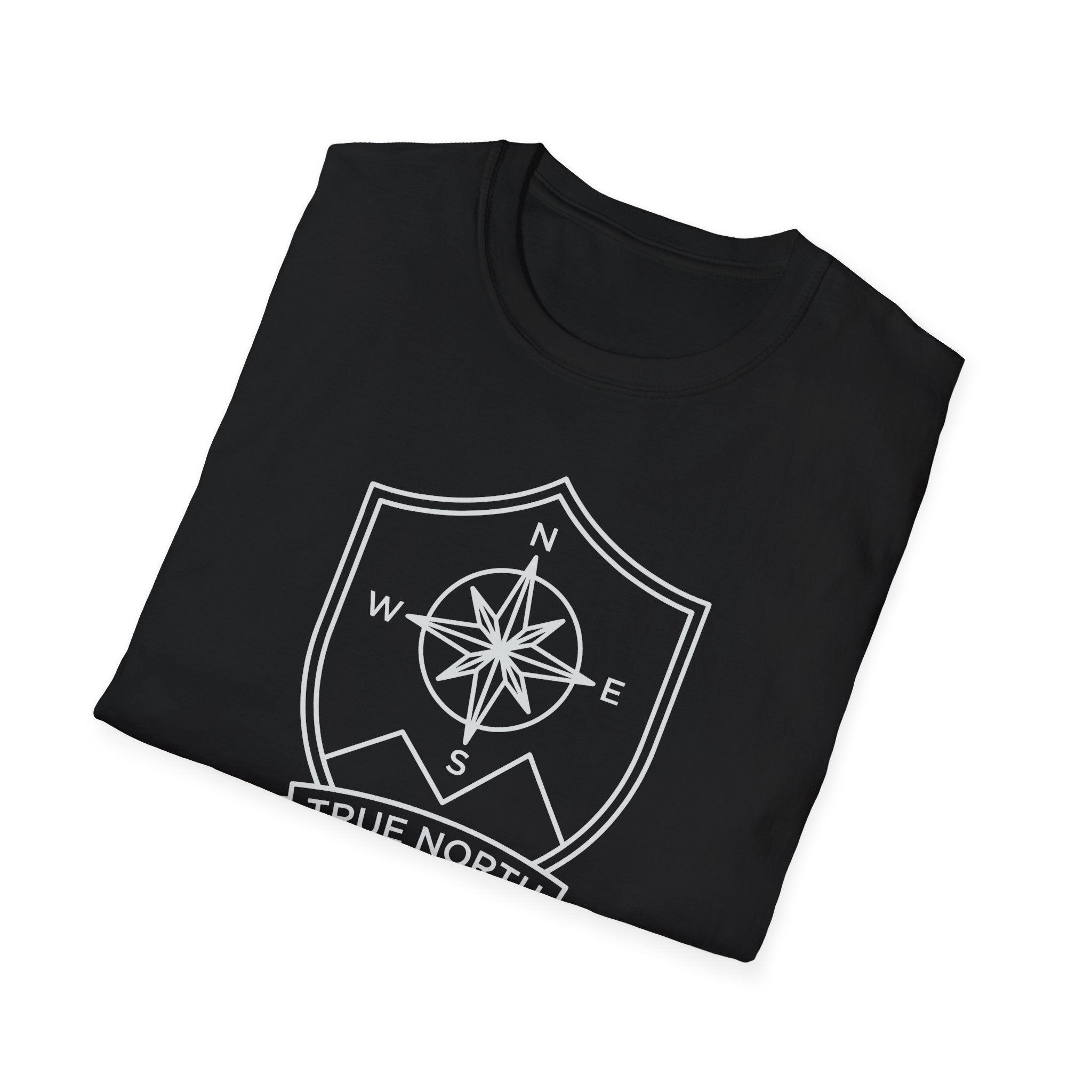 Black T-shirt with compass shield emblem printed on chest