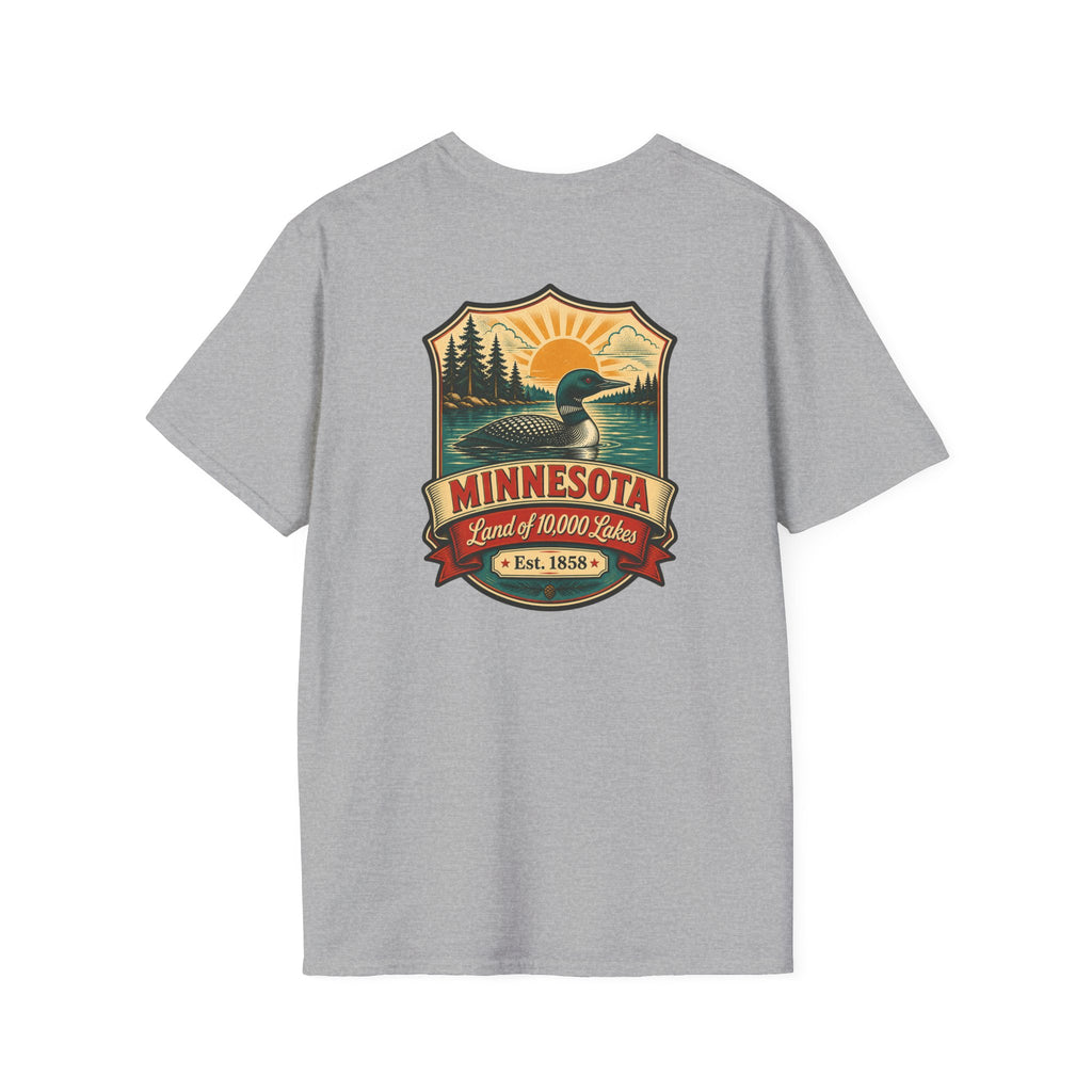 Sport grey T-shirt with Minnesota retro lake badge graphic at chest