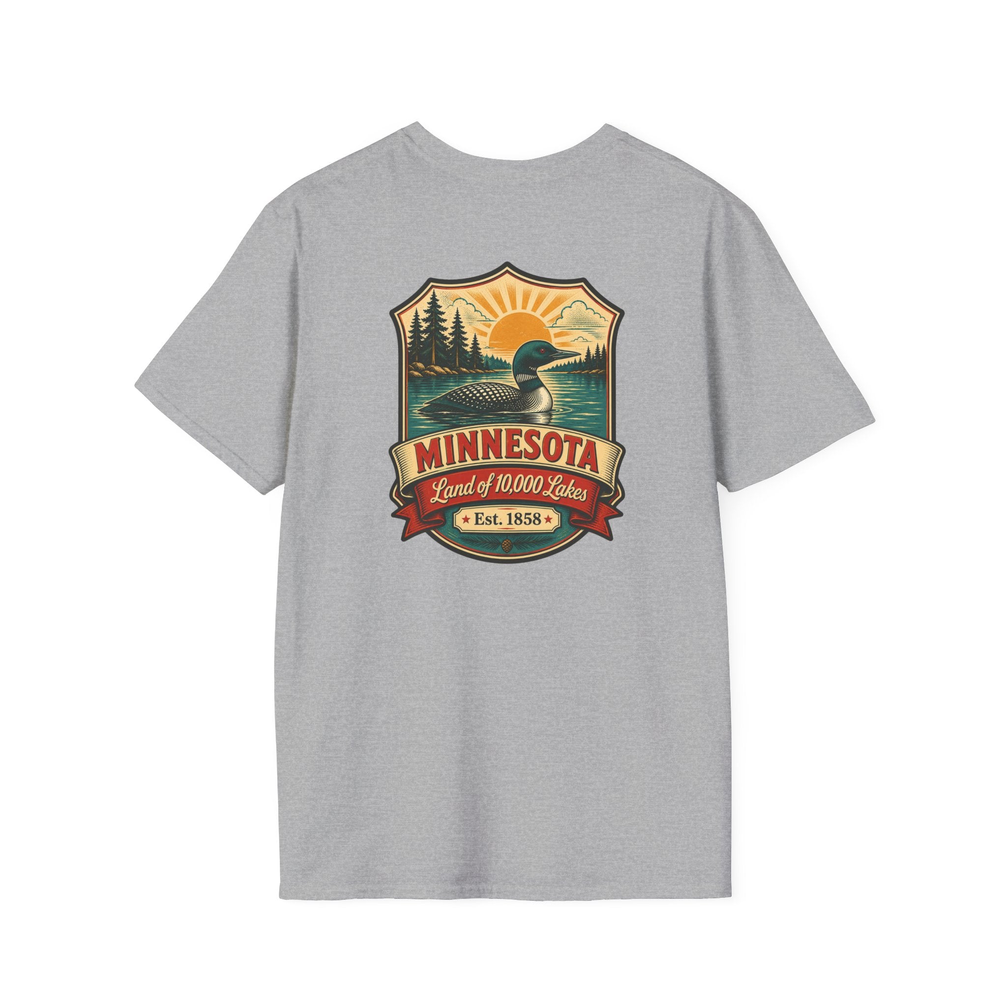 Sport grey T-shirt with Minnesota retro lake badge graphic at chest