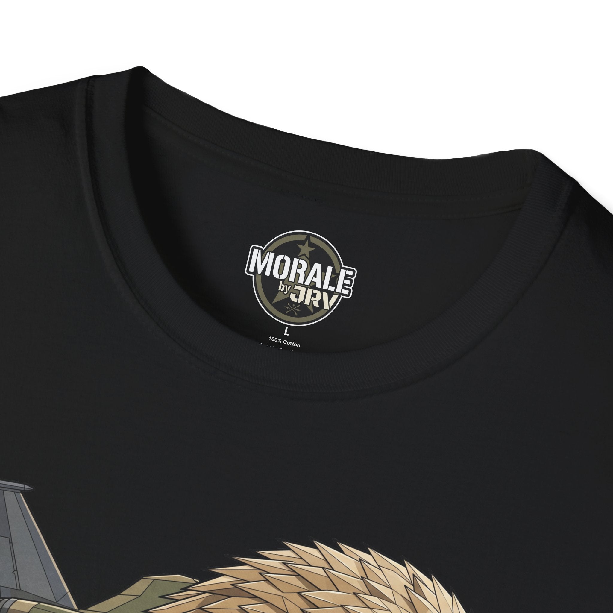Black t-shirt neck label and eagle-head fighter jets graphic close-up