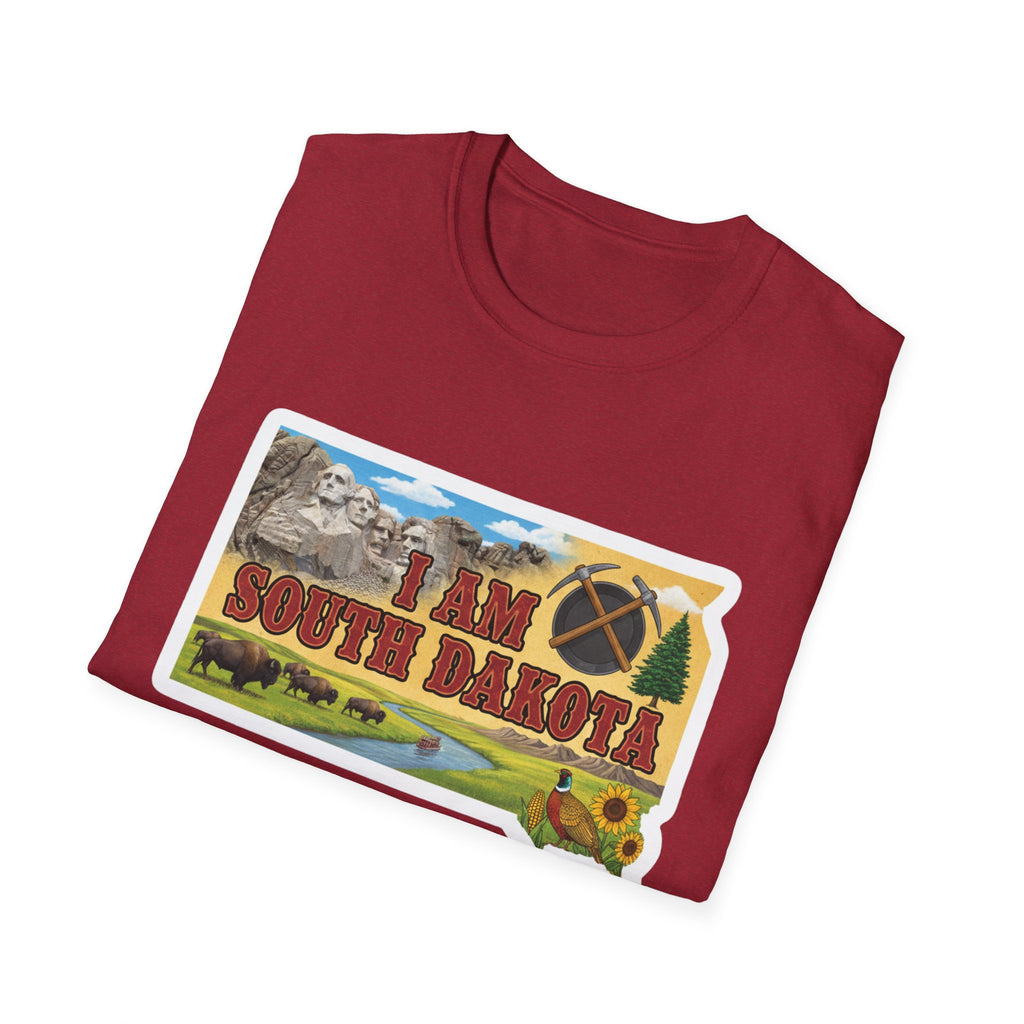 Antique cherry red South Dakota T-shirt with colorful “I AM SOUTH DAKOTA” graphic