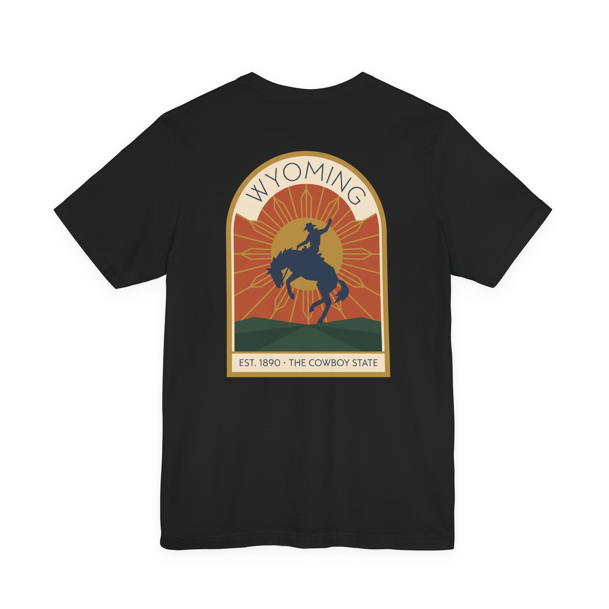 Black T-shirt with Wyoming rodeo bucking bronco graphic on front