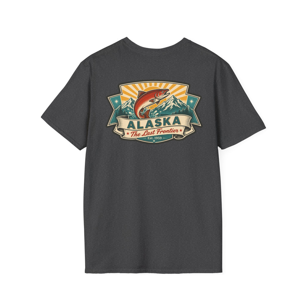 Souvenir T-shirt in dark heather with Alaska badge salmon mountain front print