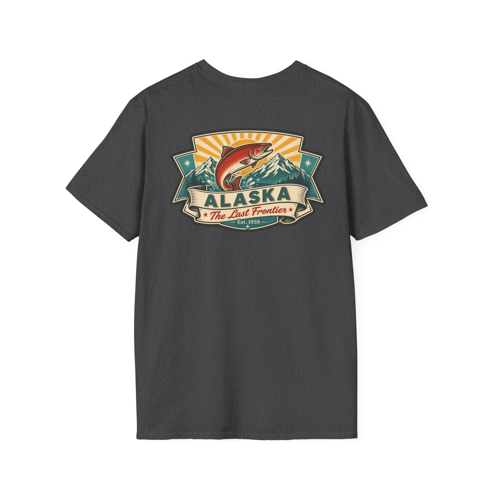 Souvenir T-shirt in dark heather with Alaska badge salmon mountain front print