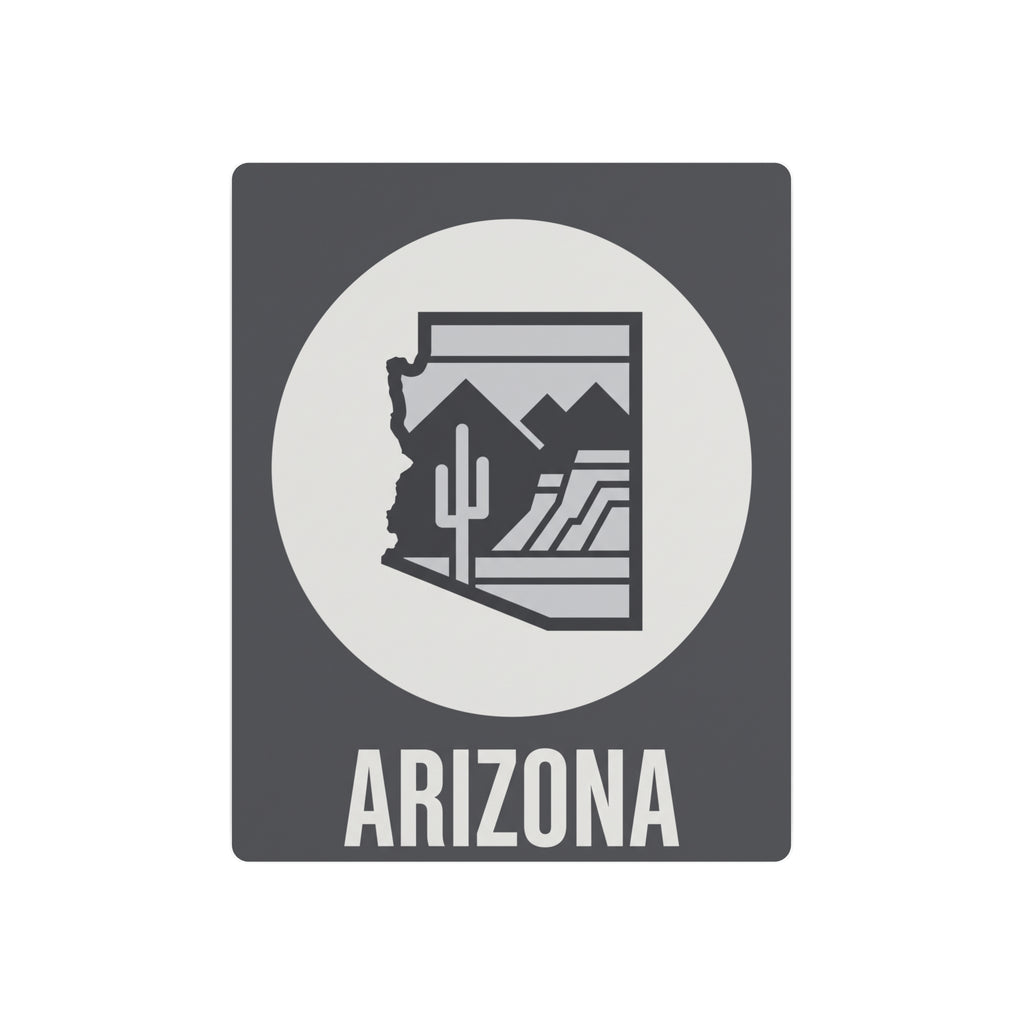 Dark gray metal wall art with white circle, Arizona cactus desert silhouette, “ARIZONA” text