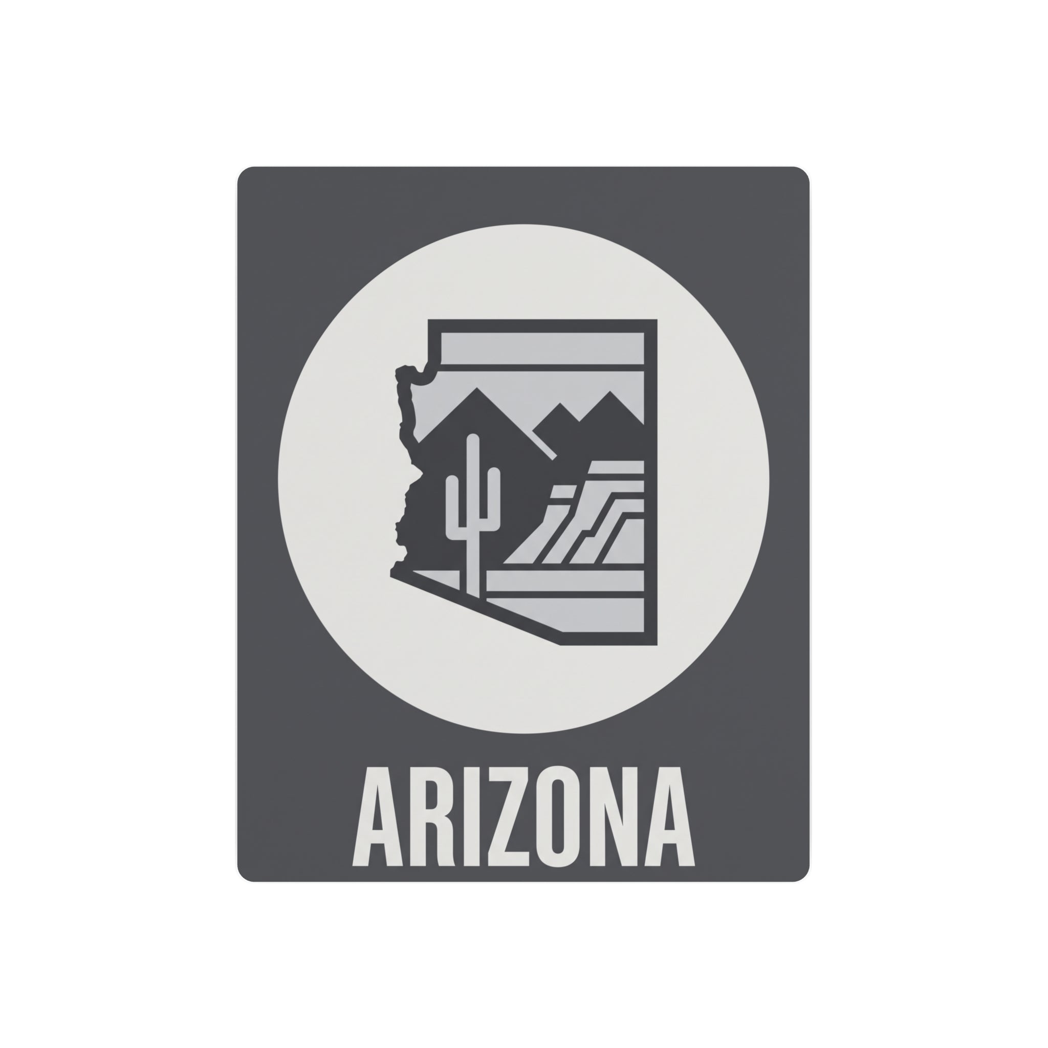 Dark gray metal wall art with white circle, Arizona cactus desert silhouette, “ARIZONA” text