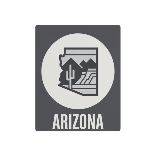 Dark gray metal wall art with white circle, Arizona cactus desert silhouette, “ARIZONA” text