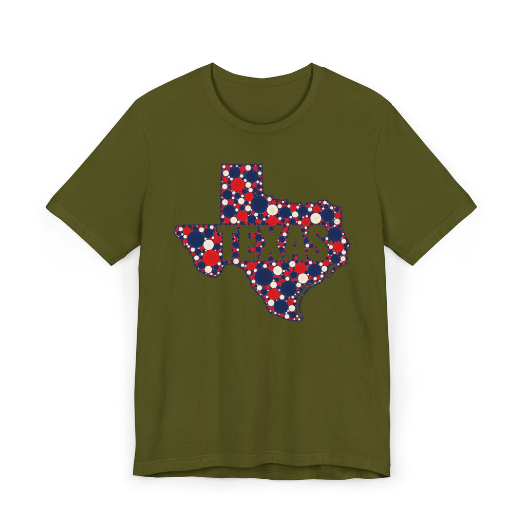 Olive green T-shirt with polka dot Texas outline graphic and bold TEXAS text