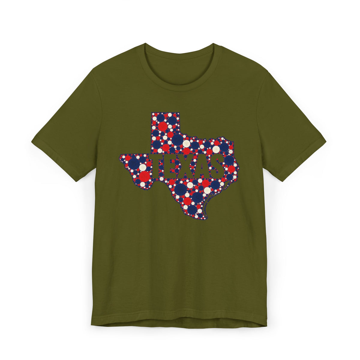 Olive green T-shirt with polka dot Texas outline graphic and bold TEXAS text