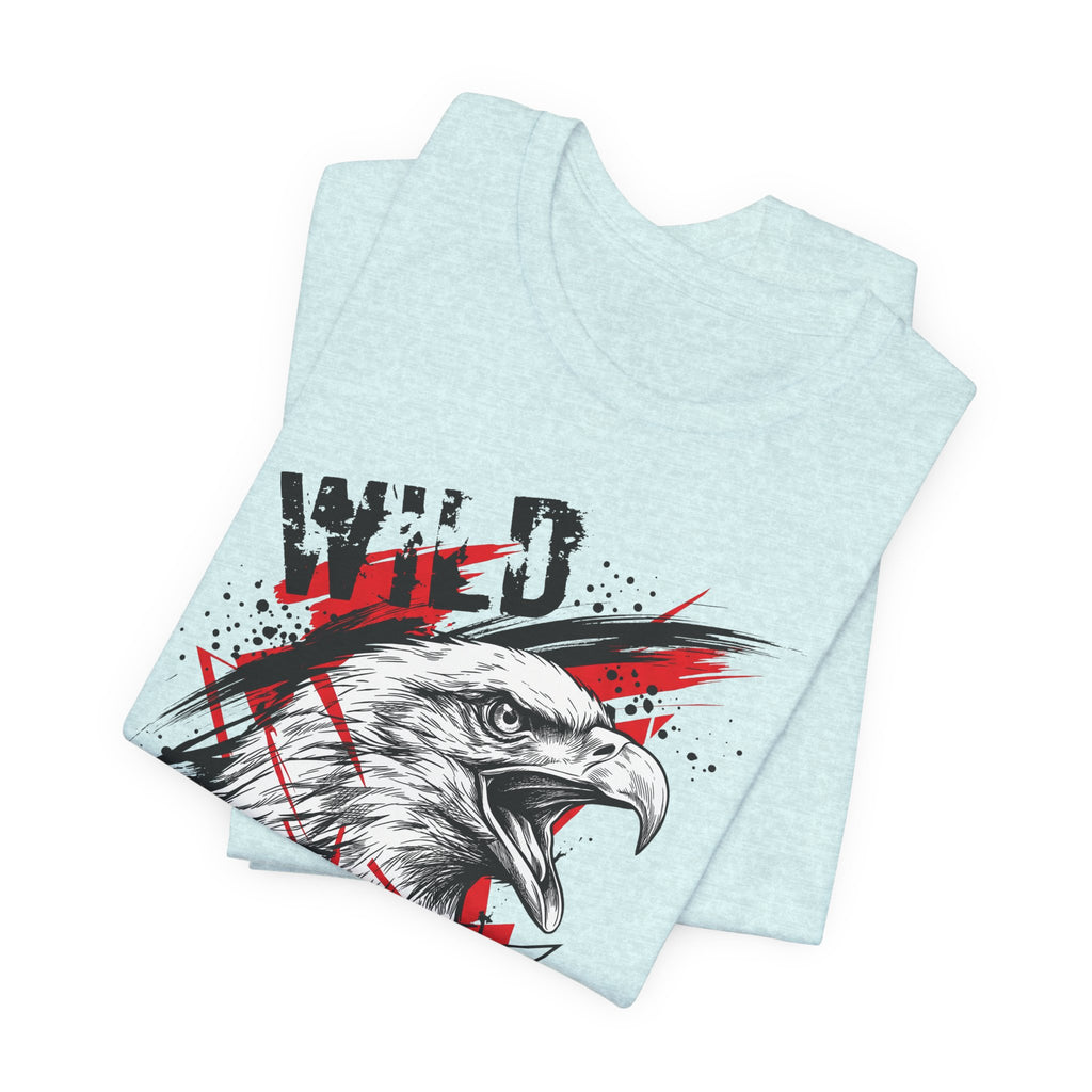 Light blue T-shirt with front eagle head graphic and patriotic red splatter accents.