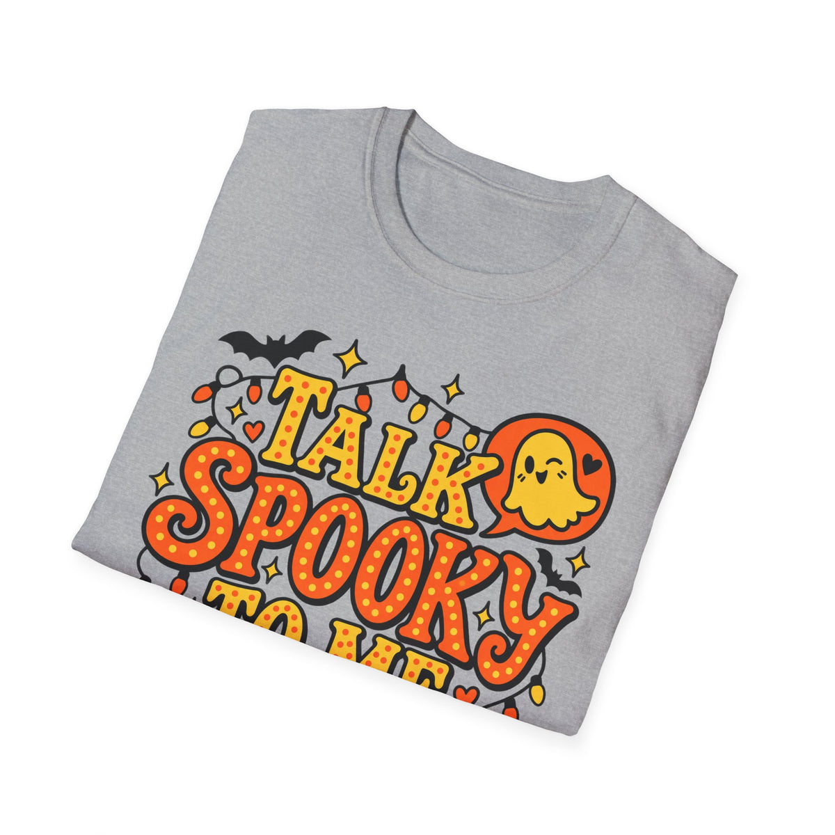 Gray Halloween ghost graphic T-shirt with “Talk Spooky” lettering and candy lights