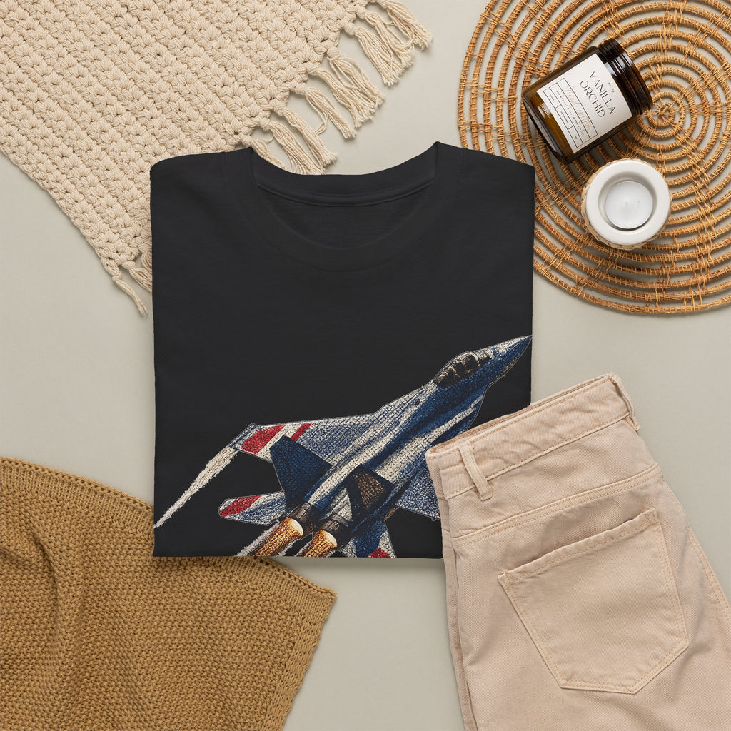 Black crew-neck t-shirt with fighter jet graphic, laid flat