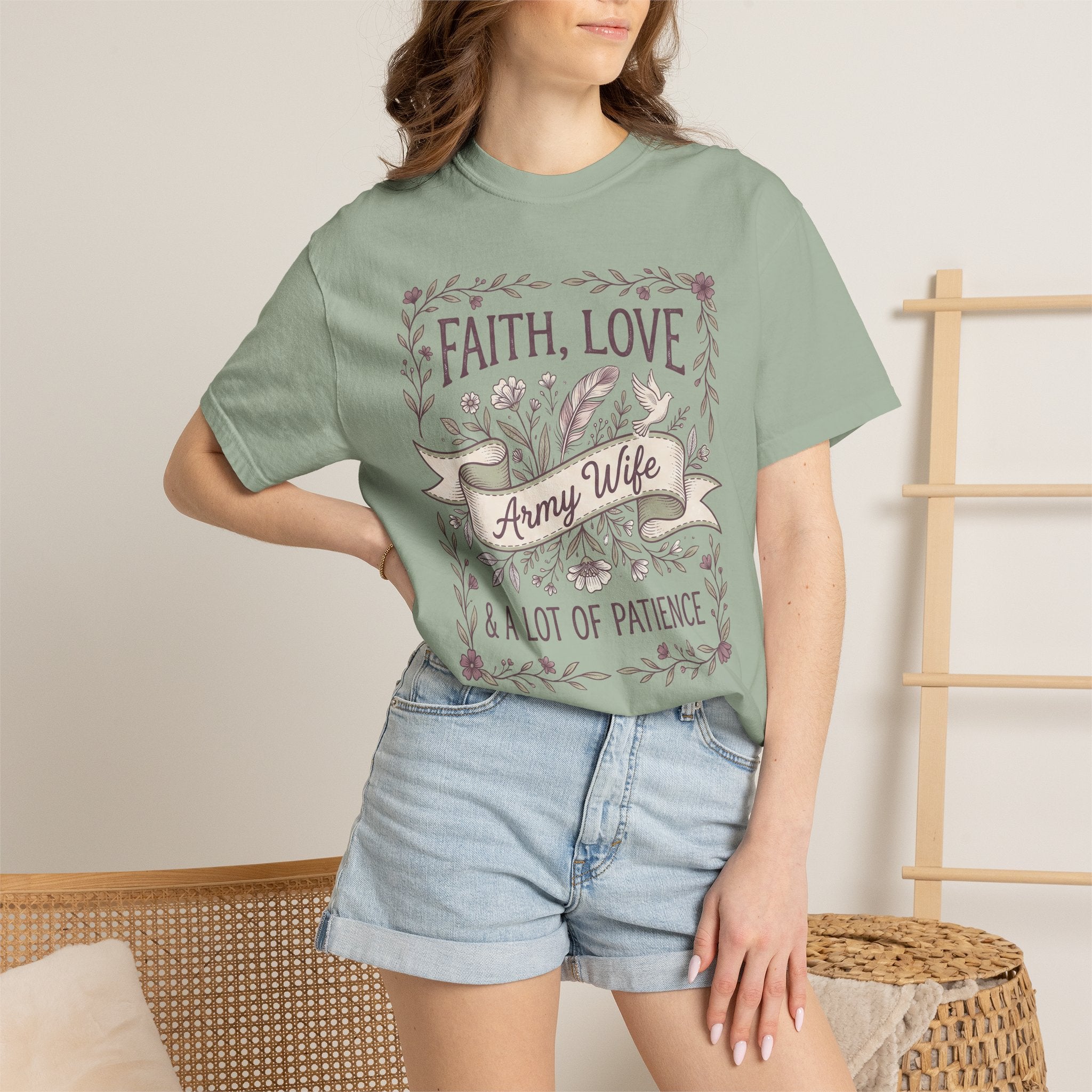 Green crewneck T-shirt with floral 'Faith, Love' and 'Army Wife' graphic