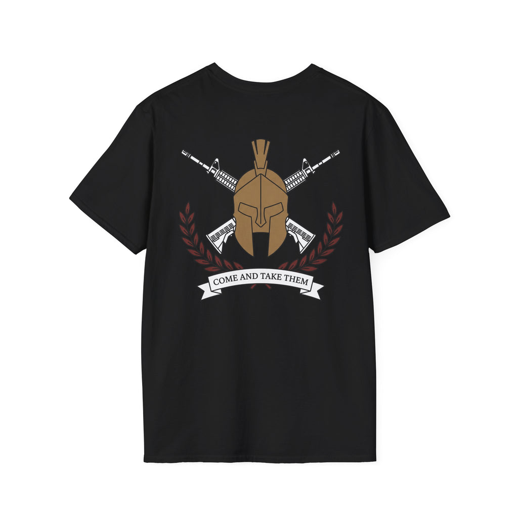 Black crewneck T-shirt with Spartan helmet, crossed rifles, and wreath graphic
