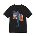 Black crew-neck T-shirt with saluting soldier graphic and American flag print