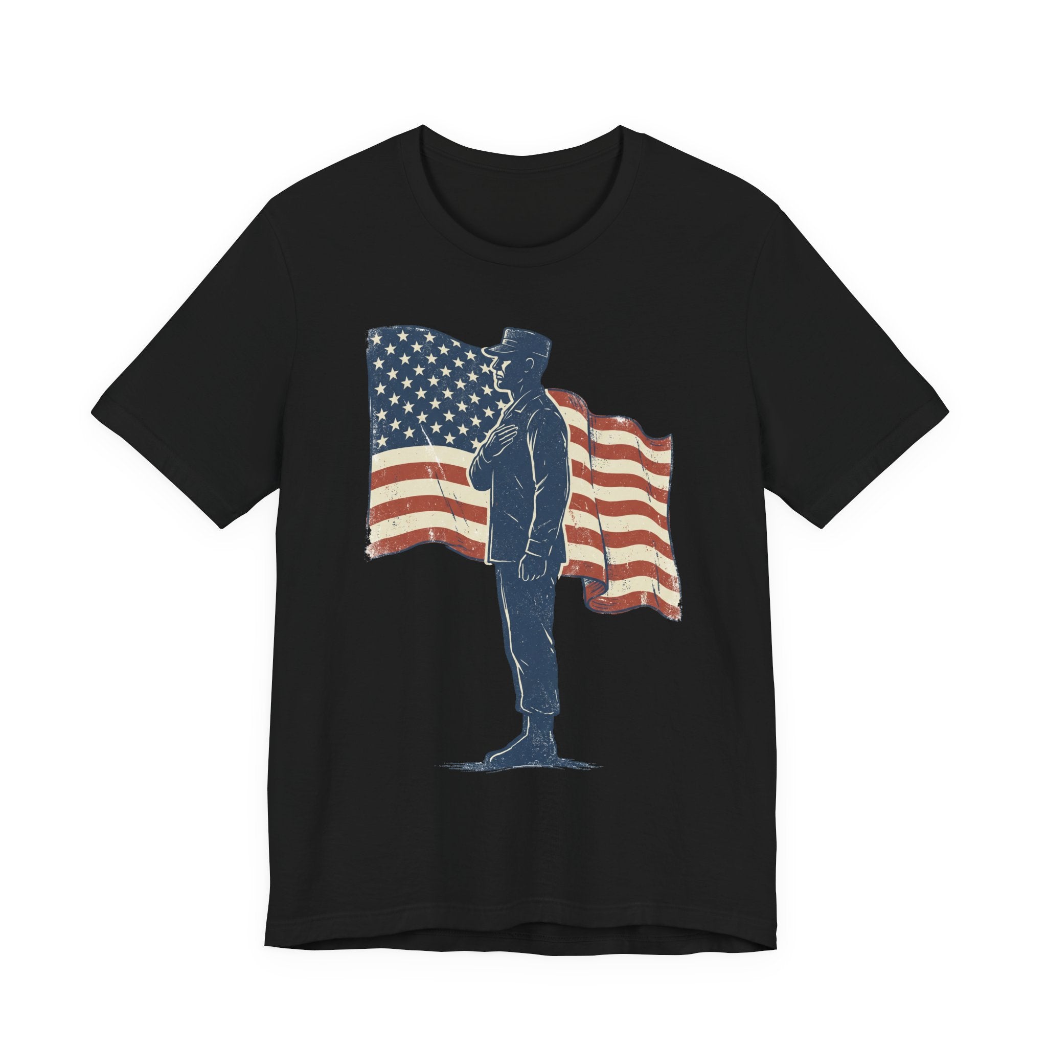 Black crew-neck T-shirt with saluting soldier graphic and American flag print