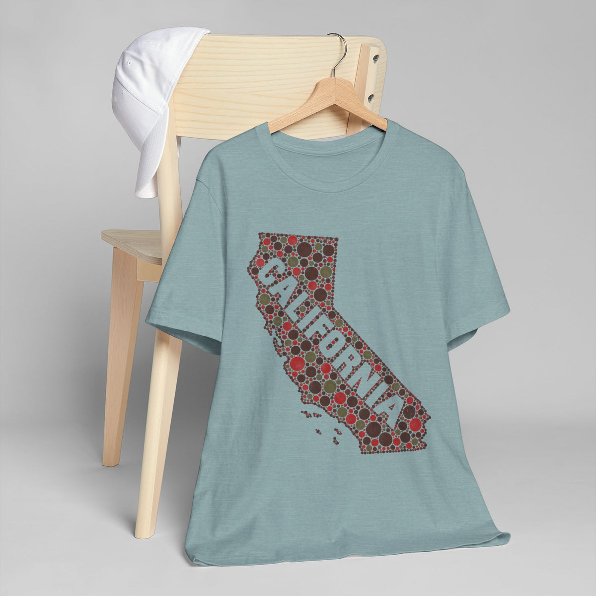 Crewneck t-shirt in teal blue with colorful floral California map graphic on front