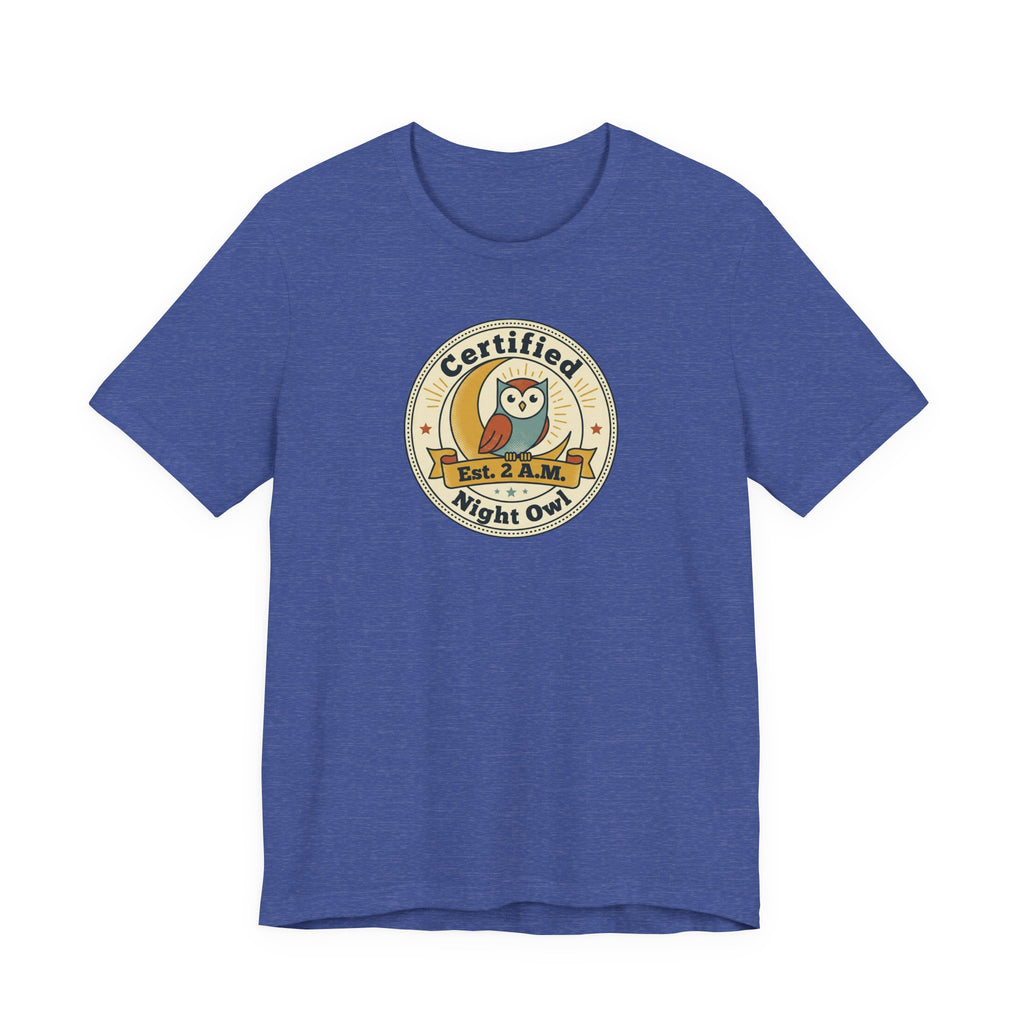 Royal blue T-shirt with certified night owl badge graphic on chest