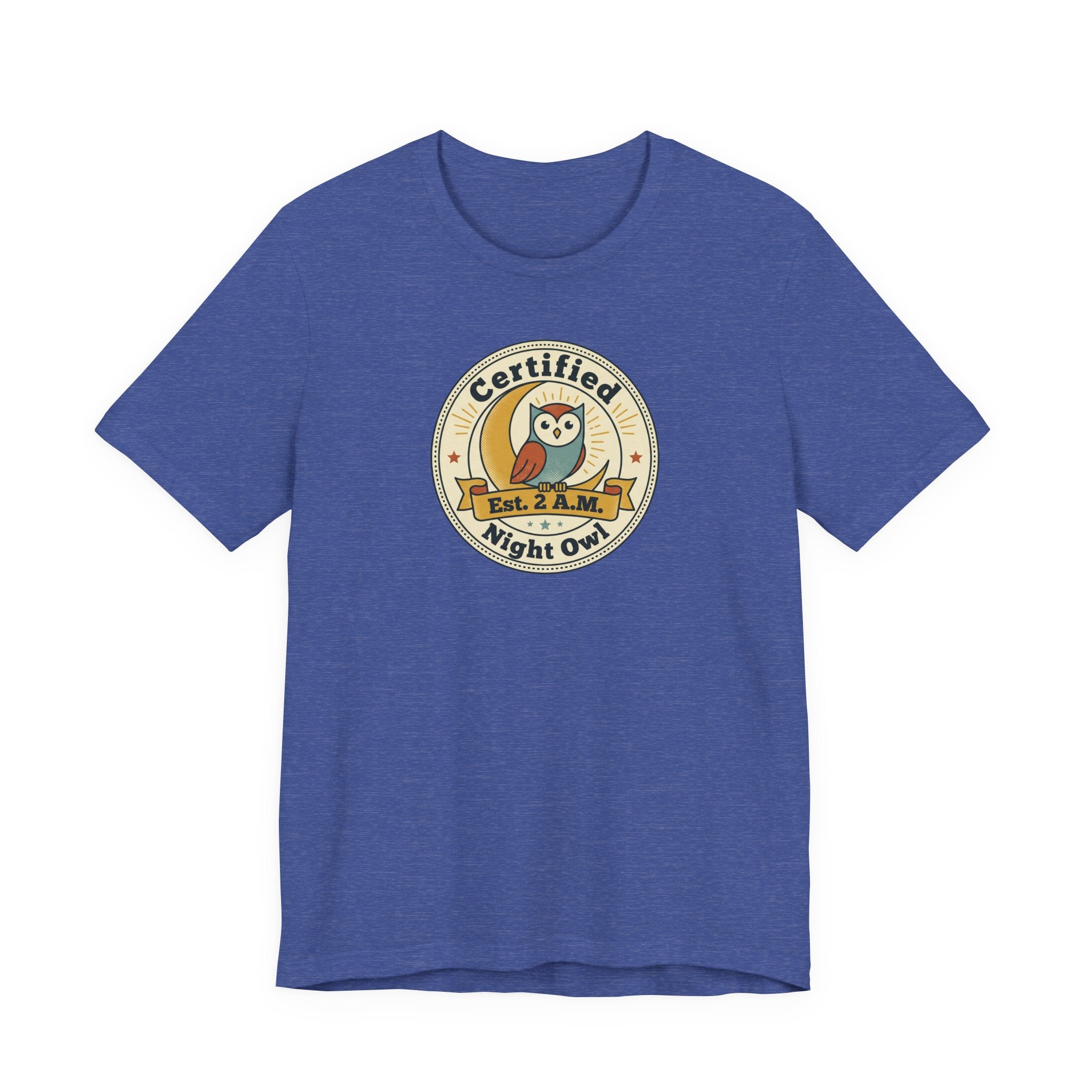 Royal blue T-shirt with certified night owl badge graphic on chest