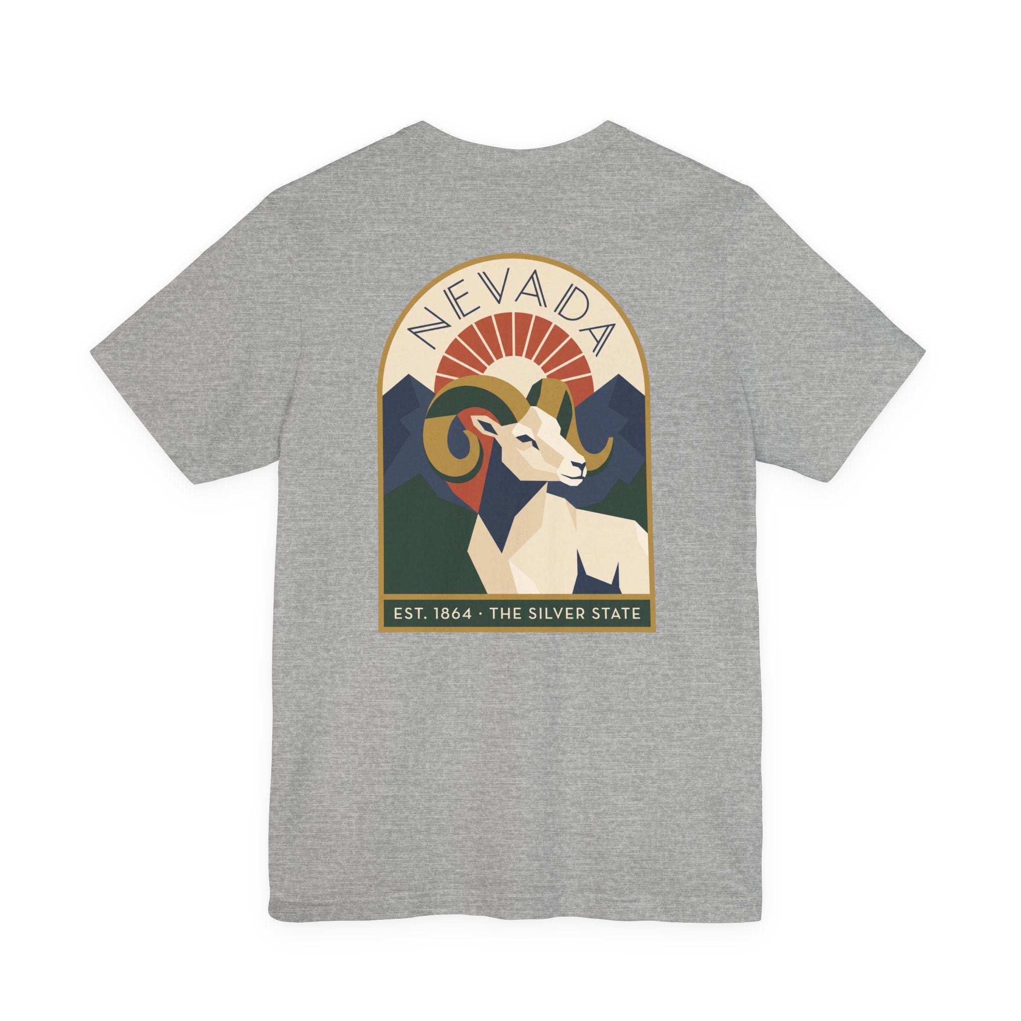 Nevada bighorn sheep art deco T-shirt, heather gray with retro circular chest graphic