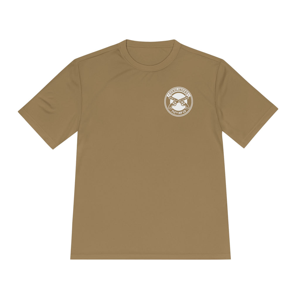 Coyote brown 100% polyester T-shirt with small circular chest logo.