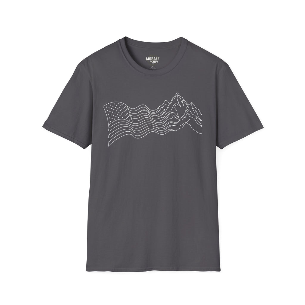 Charcoal grey T-shirt with minimalist mountain wave line art on the front
