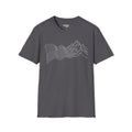 Charcoal grey T-shirt with minimalist mountain wave line art on the front
