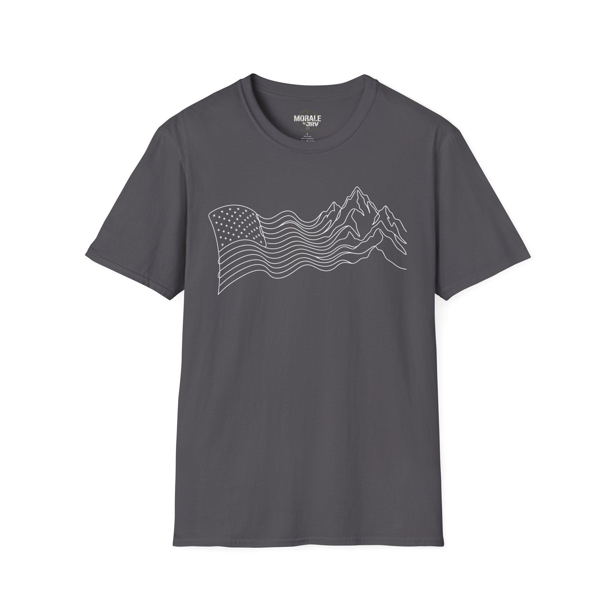 Charcoal grey T-shirt with minimalist mountain wave line art on the front