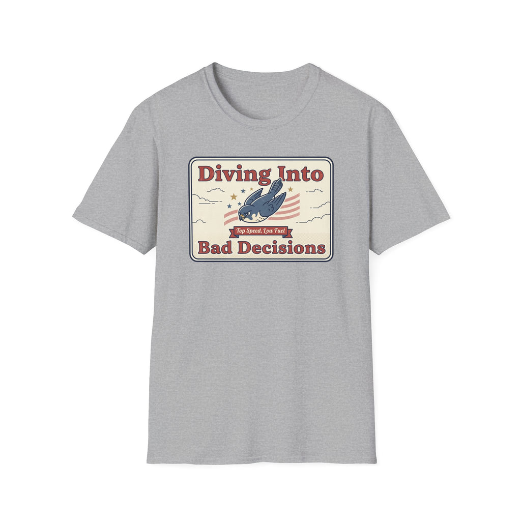 Light gray T-shirt with “Diving Into Bad Decisions” retro shark graphic on front