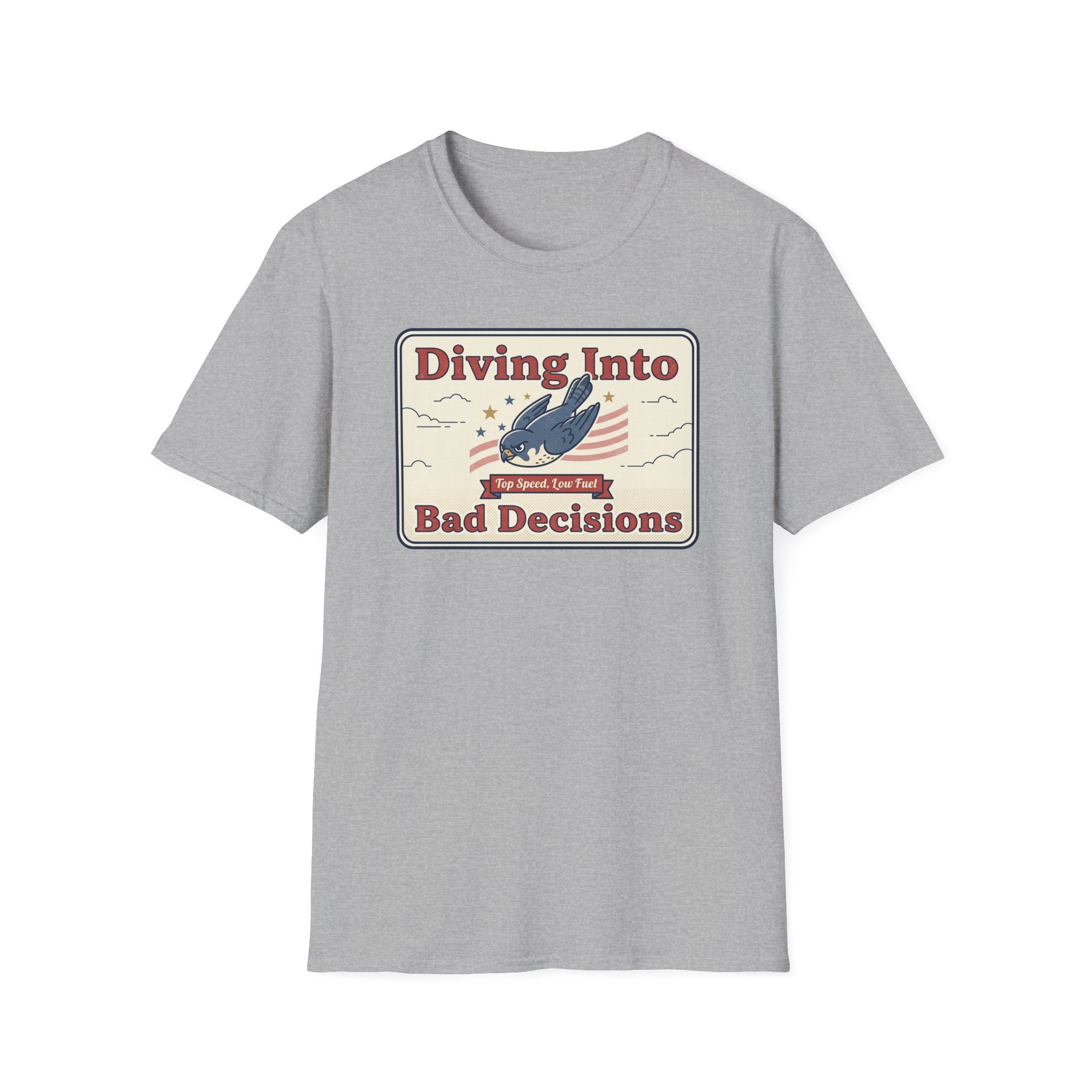 Light gray T-shirt with “Diving Into Bad Decisions” retro shark graphic on front