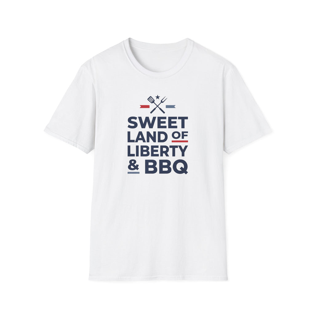 White BBQ T-shirt with 'Sweet Land of Liberty & BBQ' front graphic